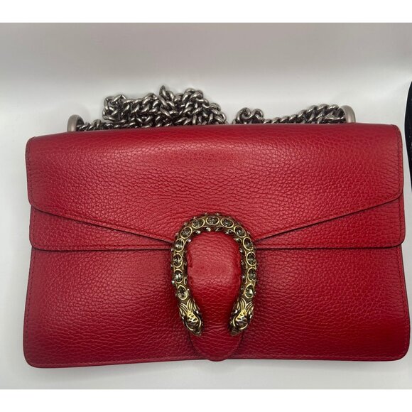 Gucci Red Leather Dionysus Shoulder Bag With Chain Strap & Embellished Tiger Hea - Picture 1 of 16